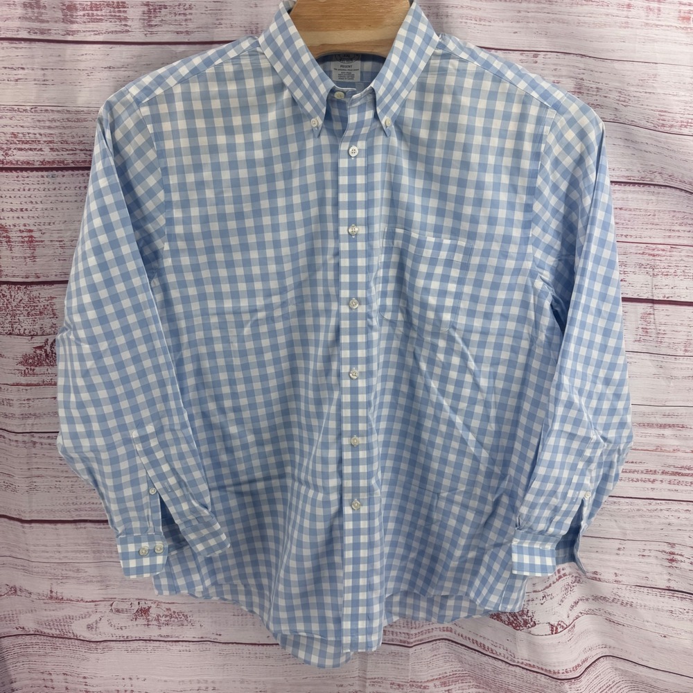 Brooks Brothers Regent Shirt Mens 2XL Light Blue Gingham Non-Iron Supima Cotton